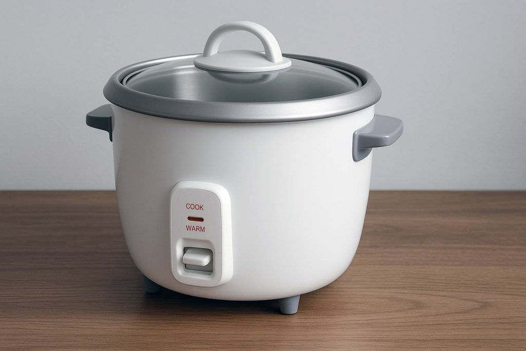 Бяла електрическа оризоварка върху дървен кухненски плот с капак и контролен панел отпред.