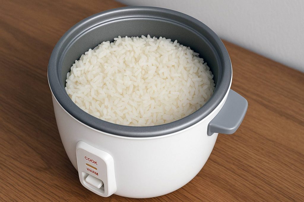 Оризоварка с готов бял ориз, заснета отгоре върху дървен кухненски плот.