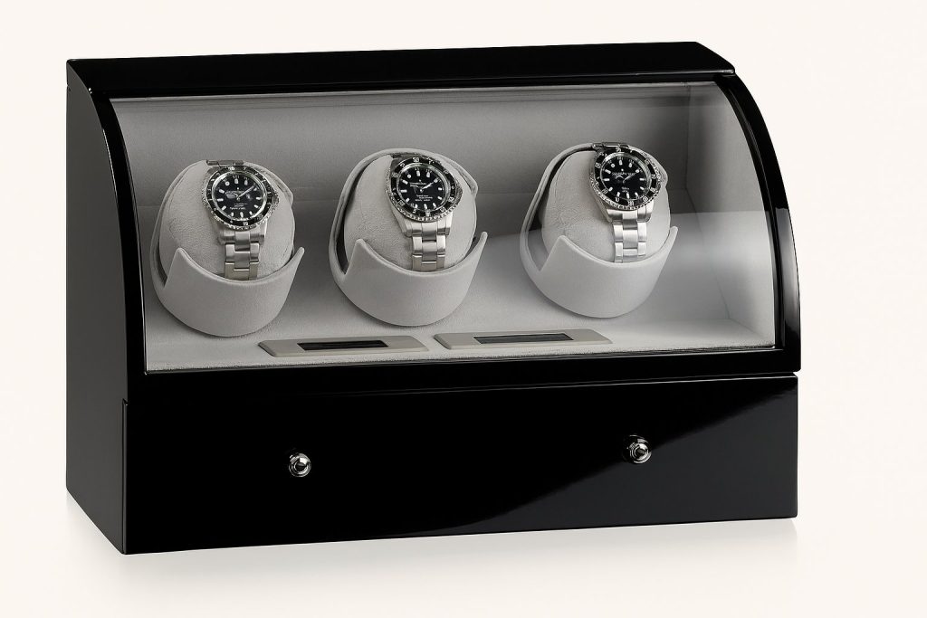 Въртяща кутия за автоматични часовници Designhütte с черен гланцов корпус и прозрачен капак.