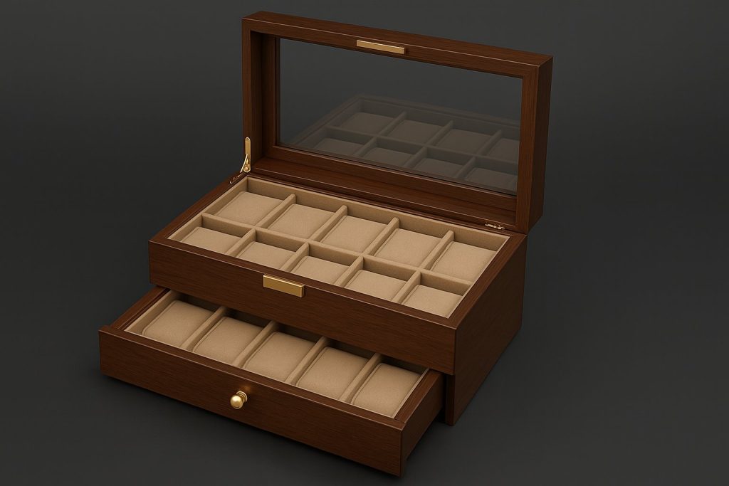 Двуетажна дървена кутия за 20 часовника с прозрачен капак и чекмедже

