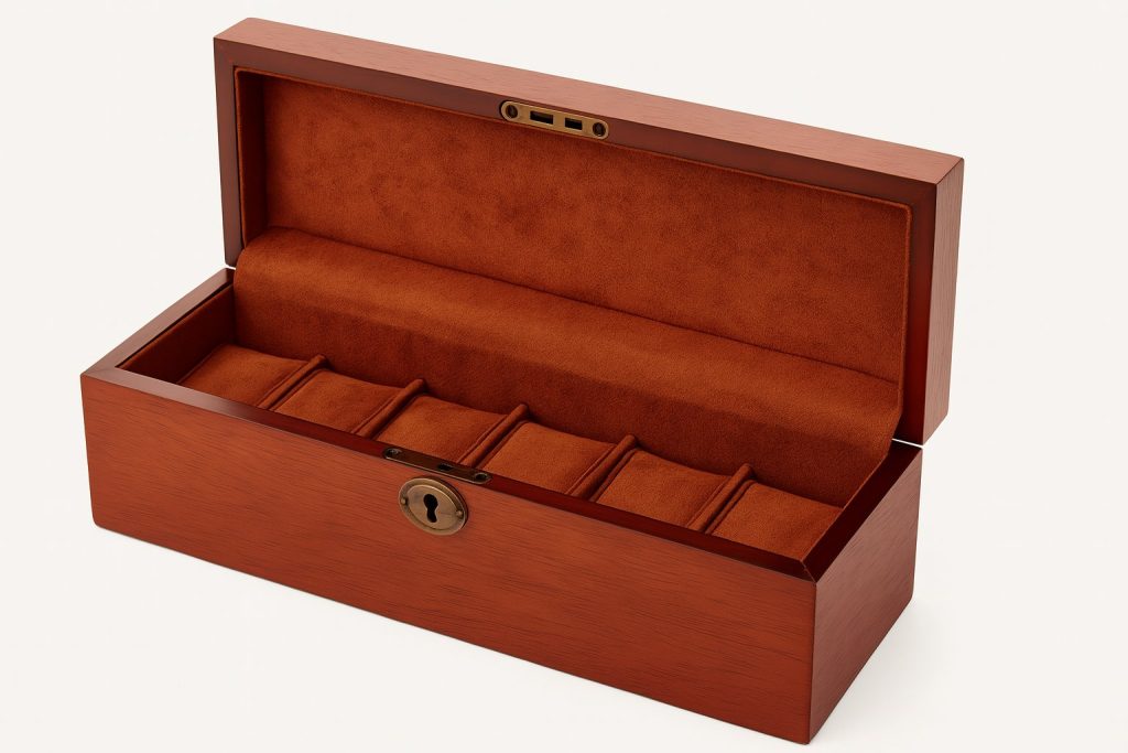 Луксозна дървена кутия за 6 часовника с кафява велурена вътрешност и месингова ключалка.