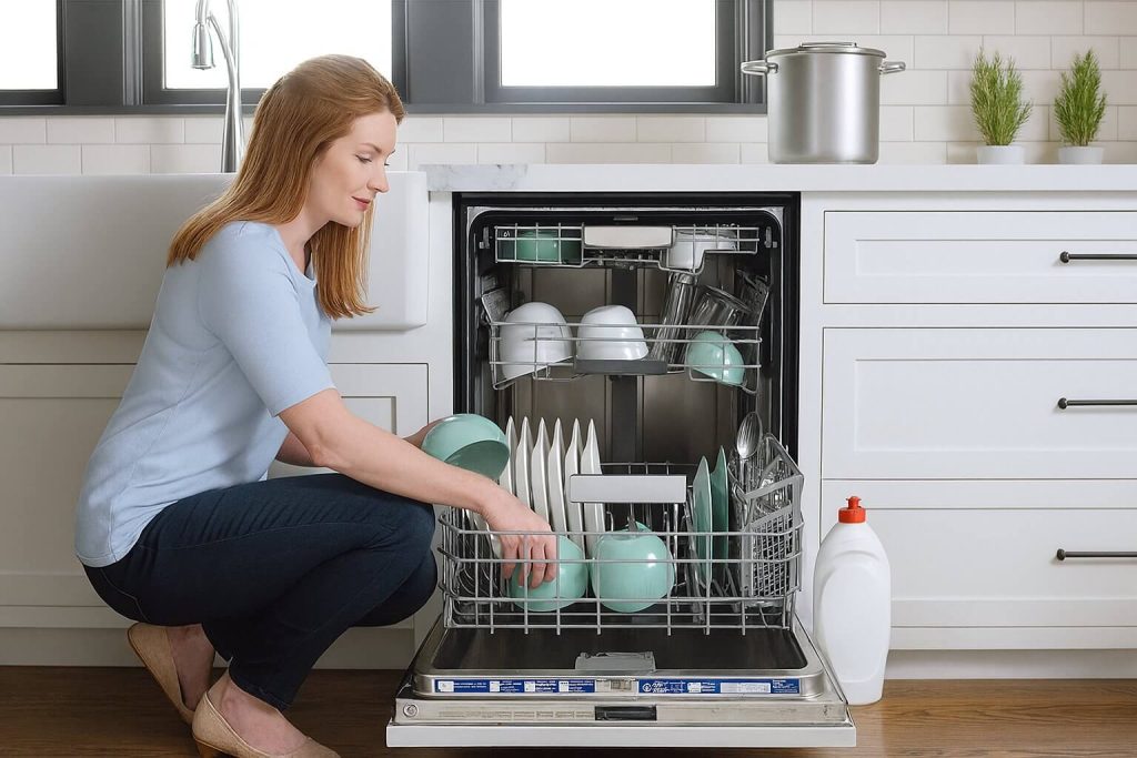 Битката на Чистите Чинии: Съдомиялна vs Ръчно Миене 2026 1 Жена зарежда съдомиялна със съдове в светла модерна кухня, снимка за статия