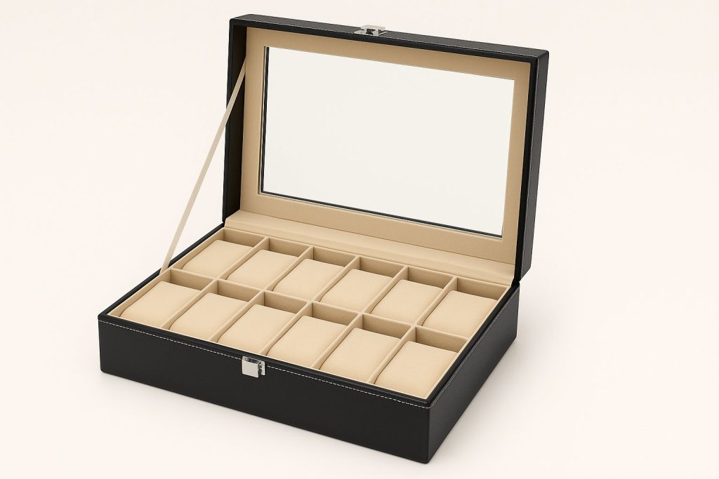 Луксозна черна кутия за 12 часовника с капак и кремав интериор.