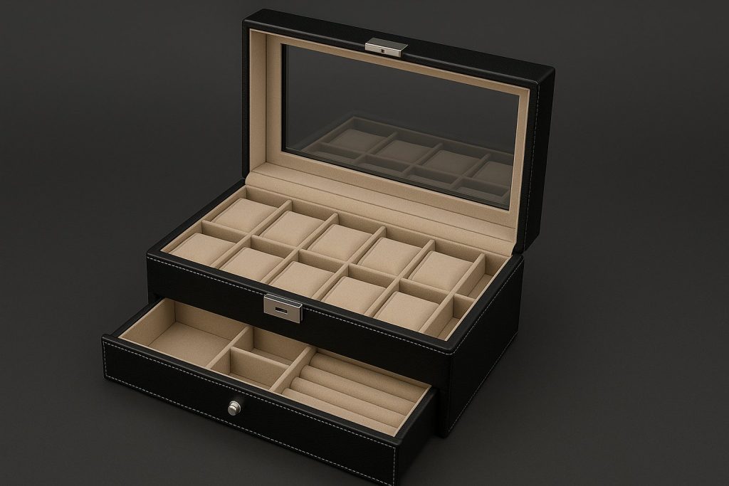 Кожена кутия за часовници с отделения за аксесоари и стъклен капак

