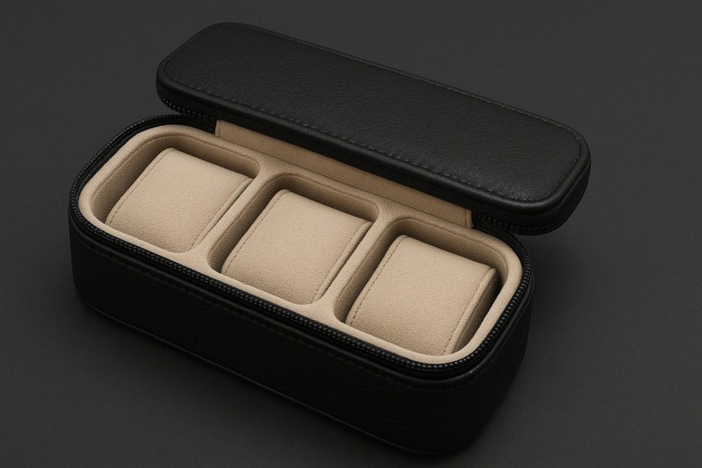 Кутия за пътуване за 3 часовника от изкуствена кожа, черна, с меко бежово кадифе

