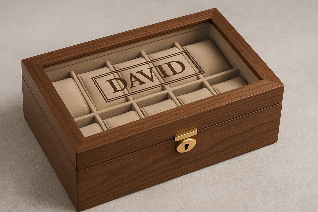 Кутия за часовници с персонализирано гравиране на име върху стъкления капак

