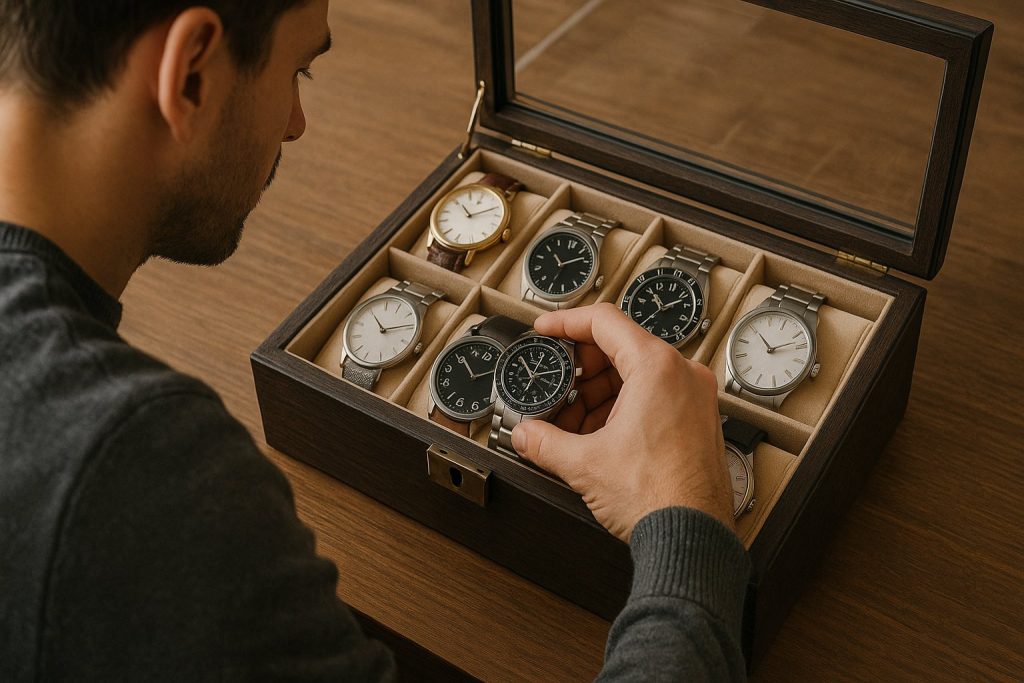 Мъж в сива блуза взима черен часовник от дървена кутия за часовници с осем различни модела върху дървена маса.