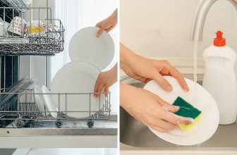 Снимка, показваща ръчно миене на чинии вляво и съдомиялна с чисти съдове вдясно в хоризонтален Full HD формат.