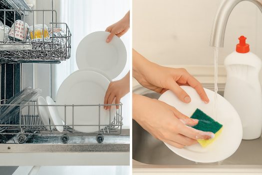 Снимка, показваща ръчно миене на чинии вляво и съдомиялна с чисти съдове вдясно в хоризонтален Full HD формат.