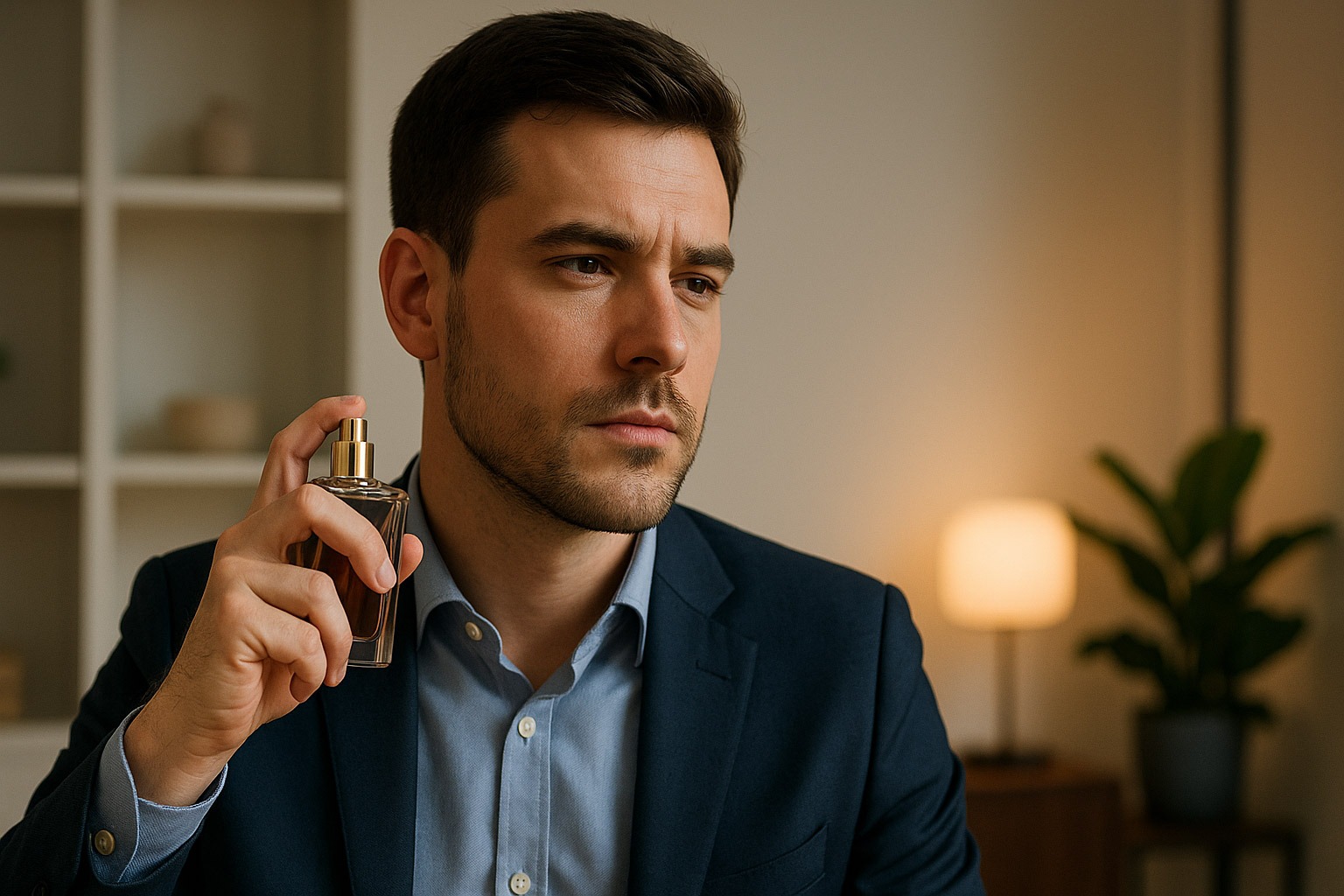 Мъж в костюм държи флакон парфюм и замислено се подготвя за важно първо впечатление в модерен интериор.
