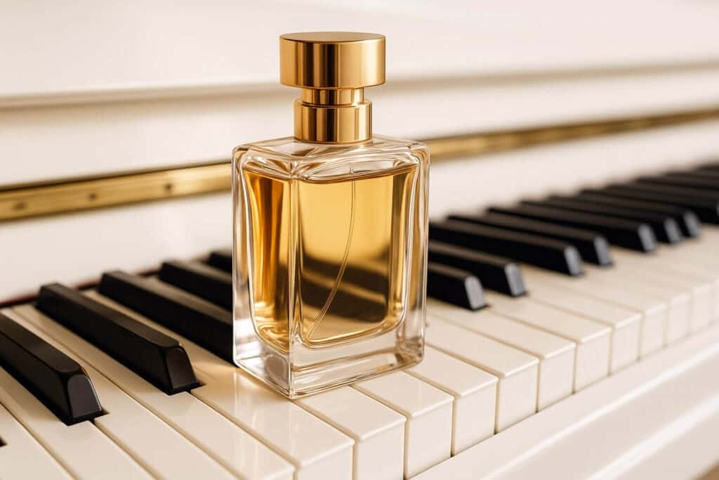 Защо Парфюмерията Говори с Музикален Език: История на Нотките и Акордите 2 Луксозен флакон с парфюм, поставен върху черно-белите клавиши на пиано, осветен от мека светлина.