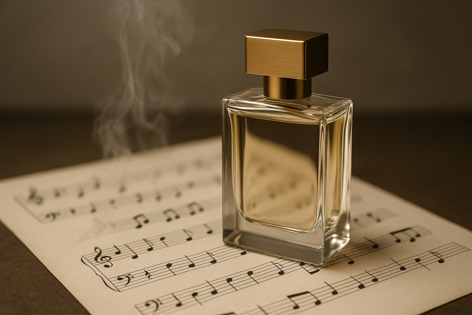 Защо Парфюмерията Говори с Музикален Език: История на Нотките и Акордите 1 Елегантен флакон с парфюм върху нотен лист с деликатен дим, символизиращ връзката между ароматните и музикалните нотки.
