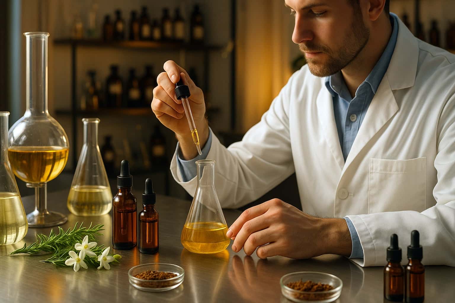 Парфюмер в лаборатория смесва ароматни концентрати в стъклени колби при топла светлина, заобиколен от натурални съставки и инструменти.
