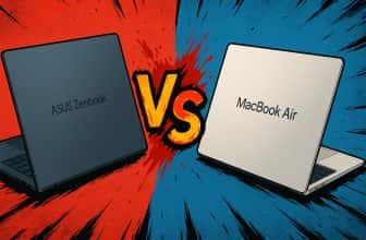 Илюстрация в стил Street Fighter с ASUS Zenbook отляво и MacBook Air отдясно, поставени на червен и син фон с голямо „VS“ между тях.