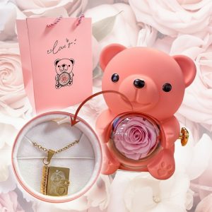 Комплект колие Книга с послание – Обичам те, мамо! С луксозна кутия розово мече.