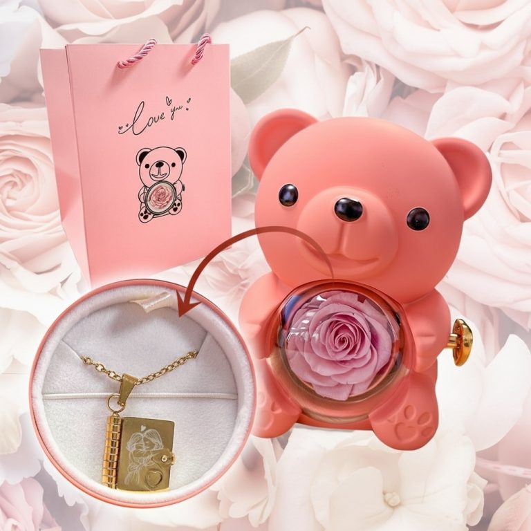 Комплект колие Книга с послание – Обичам те, мамо! С луксозна кутия розово мече.