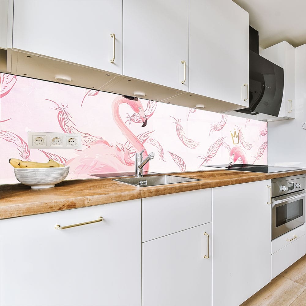 Стъклен гръб за кухня – Розово фламинго