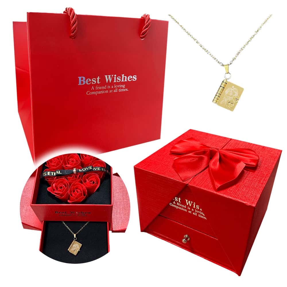 Комплект колие Книга с послание – Обичам те, мамо! С луксозна кутия с ароматни рози.