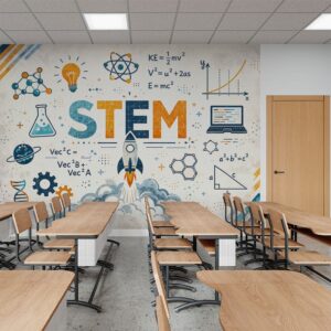 Детски фототапет STEM с ракета и научни формули