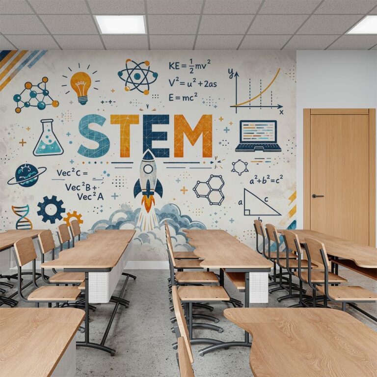 Детски фототапет STEM с ракета и научни формули