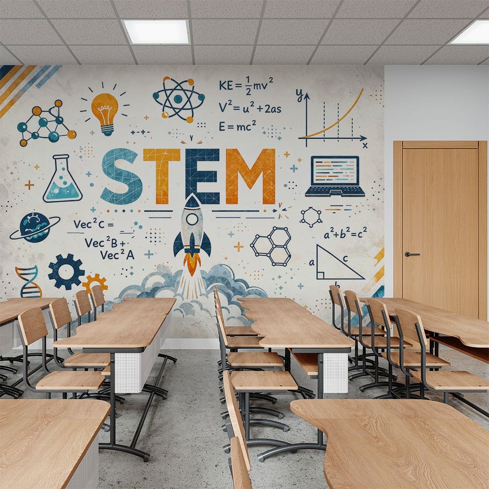 Детски фототапет STEM с ракета и научни формули