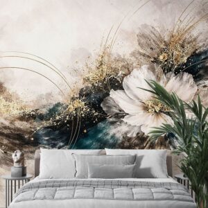 Фототапет с абстрактни цветя, тюркоаз и злато