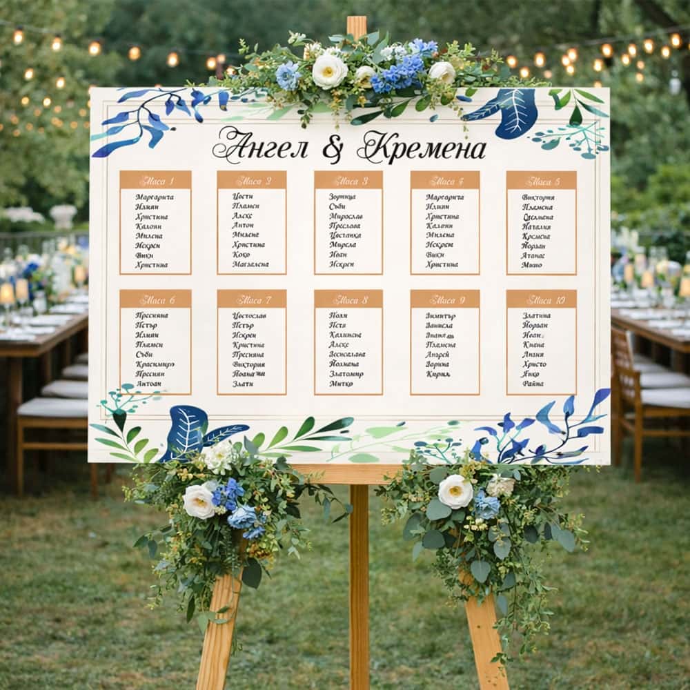 Сватбено табло със списък на гостите