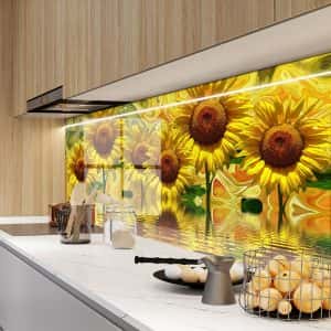 Стъклен гръб за кухня – Жълти слънчогледи
