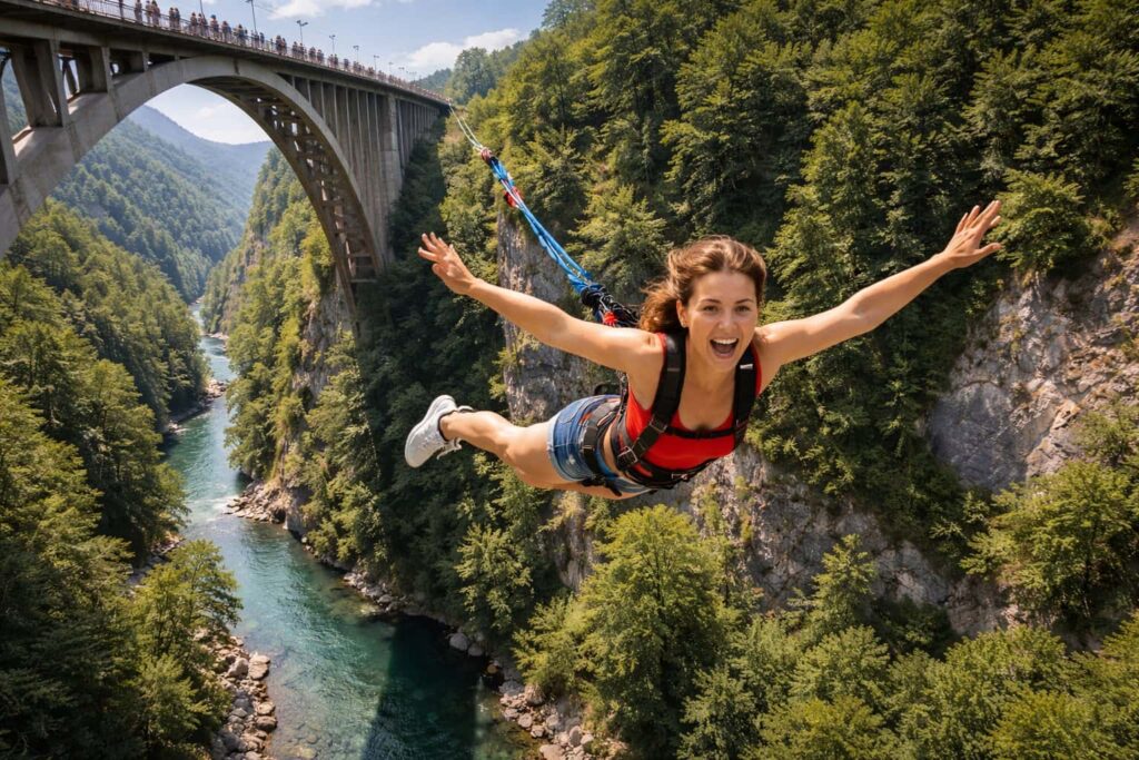 Човек скача с бънджи над тюркоазено планинско езеро, заснет отзад, с въже закрепено към хамут на гърба.