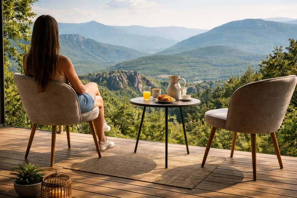 Жена на тераса по време на глемпинг почивка, наслаждаваща се на кафе и закуска с панорамна гледка към зелени планини