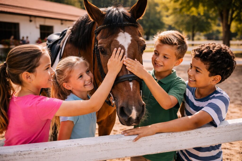 Четири деца галят спокоен кон в конна база, усмихнати и събрани около животното.