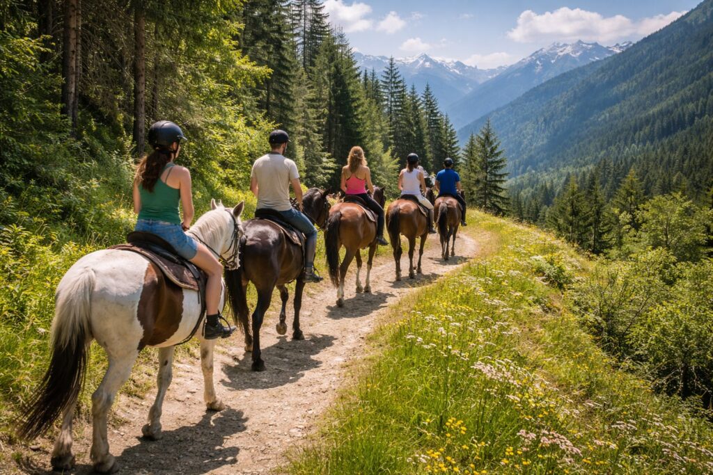 Група хора на конна езда по планинска пътека сред зелена гора и високи планини.