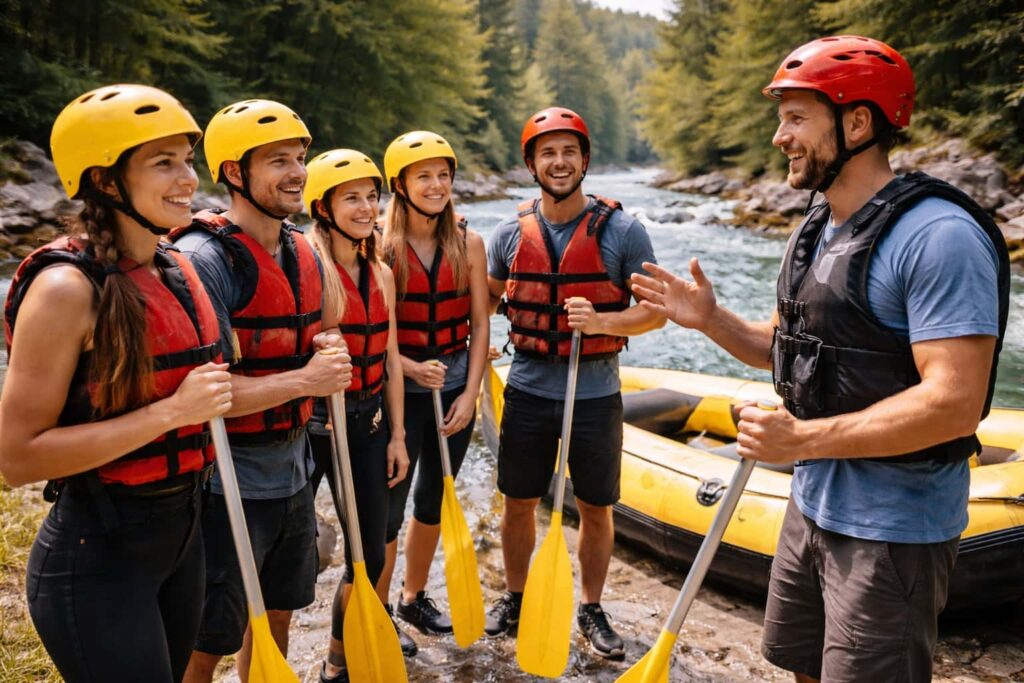 Инструктор дава указания на група хора с каски и спасителни жилетки преди рафтинг край планинска река.