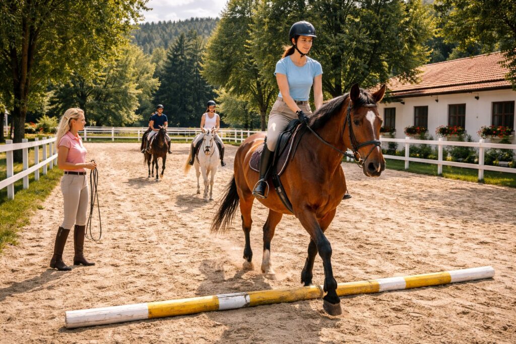Урок по конна езда в конна база с инструктор и няколко ездачи в ограден манеж.