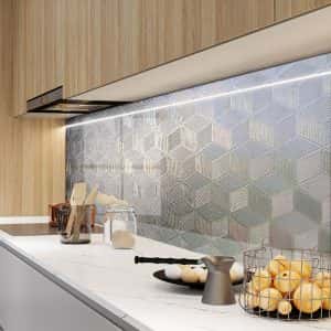 Стъклен гръб за кухня с 3D геометричен дизайн