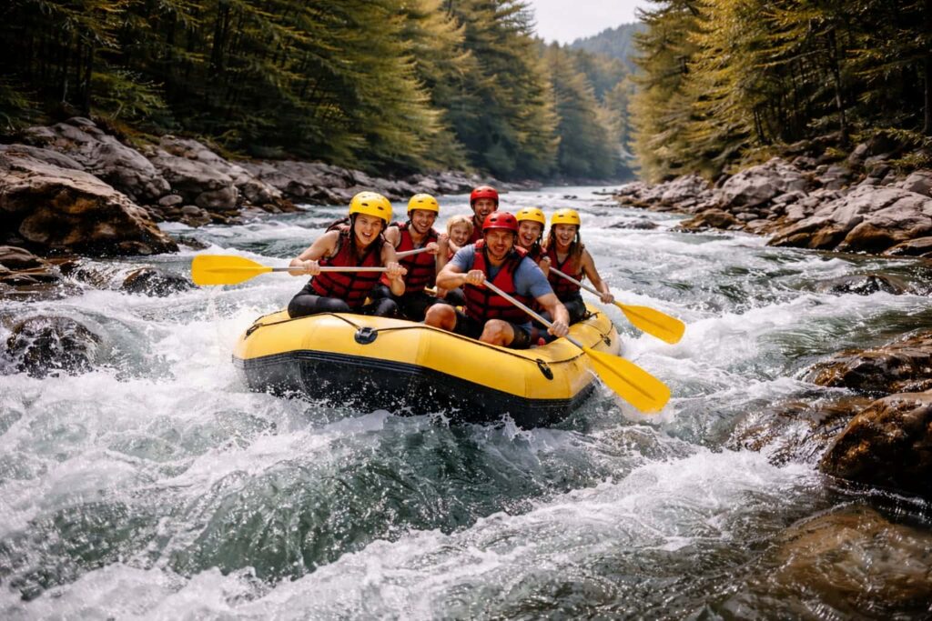 Рафтинг лодка с група хора преминава през големи бързеи на планинска река, заобиколена от гора и скали.
