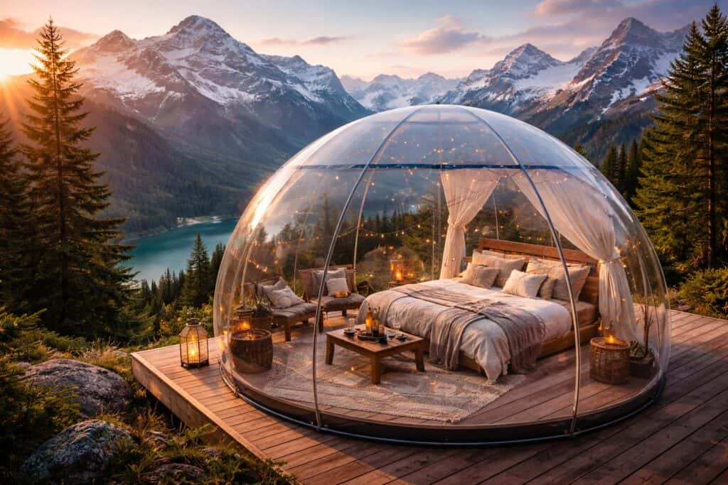 Прозрачна глемпинг палатка тип сфера с уютно легло и топло осветление, разположена на дървена платформа с гледка към планини и езеро по залез