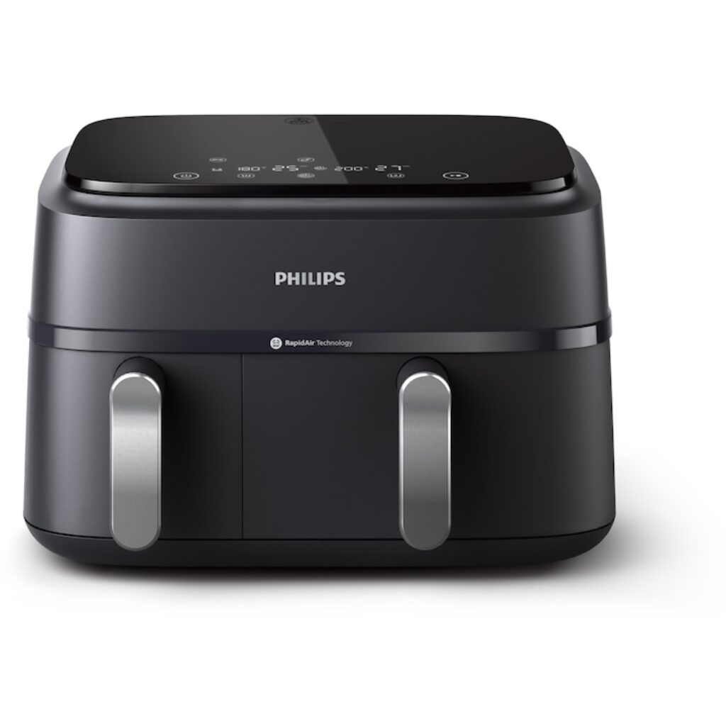 Philips Airfryer: кой модел да изберете и защо по-скъпият има наполовина по-малко програми 4 Двоен фритюрник без масло Philips Airfryer Series 3000 NA351/00, Технология Rapid Air, 2 контейнера с 2 размера, Цифров дисплей, 8 предварителни настройки, Капацитет 9 литра, Таймер, Съвместим с HomeID