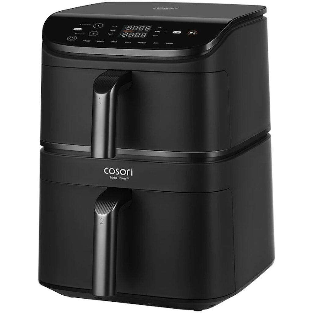 Двоен фритюрник с горещ въздух Cosori CAF-DC121 Turbo Tower, 2630W, 4.3/6.5 л, 7 програми, 30-230C, Сензорно управление, Таймер, Студени стени, Черен