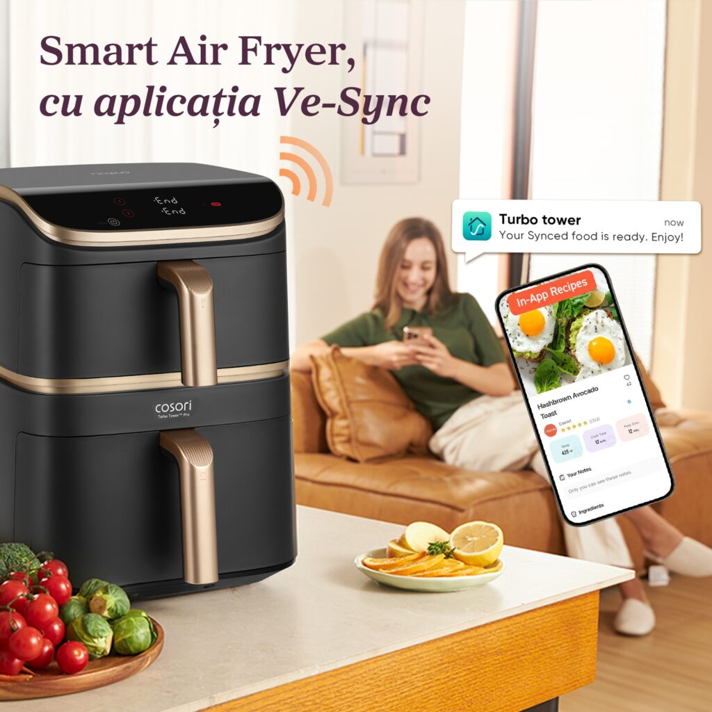 Двоен фритюрник с горещ въздух Cosori Turbo Tower Pro CAF-DC123S, 2630W, 10.8 л, 30-230C, 7 програми, Синхронизиране, Смарт, Черен/шампанско