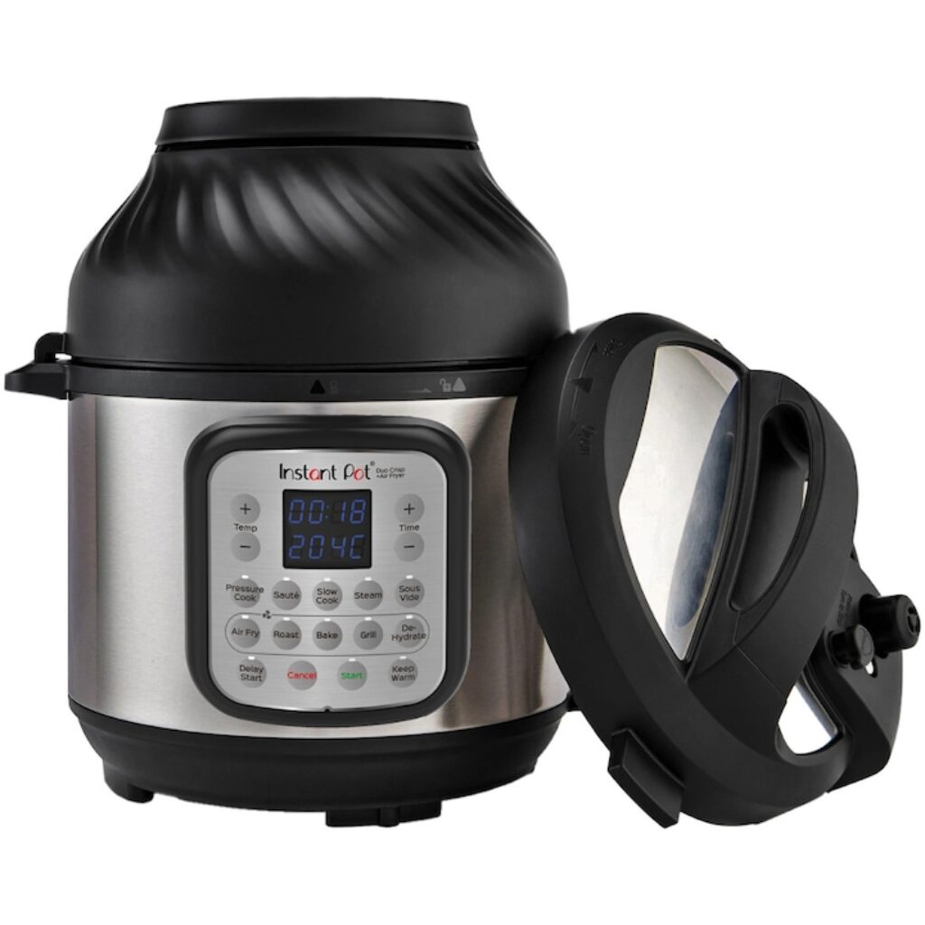 Instant Pot: кой модел да изберете и защо най-скъпият има 11 програми, а по-евтиният 28 6 Мултикукър и фритюрник Instant Pot Combi Duo Crisp 8QT 140-0042-01-EU, 8L, 11 функции за готвене, 2 различни капака за еърфрайър и готвене под налягане, Вътрешен съд от неръждаема стомана, Сребрист/Черен