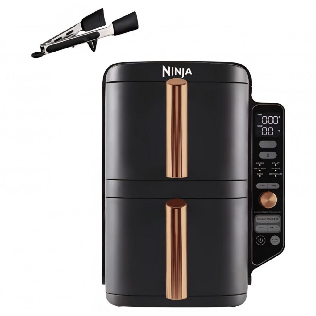 Фритюрник с горещ въздух Ninja Double Stack XL SL400EUCP, 9.5 L, 2 вертикални чекмеджета, 4 нива на готвене, компактен дизайн, 6 функции, капацитет 8 порции, включени щипки, черен/мед, срок на доставка 7-8 дни