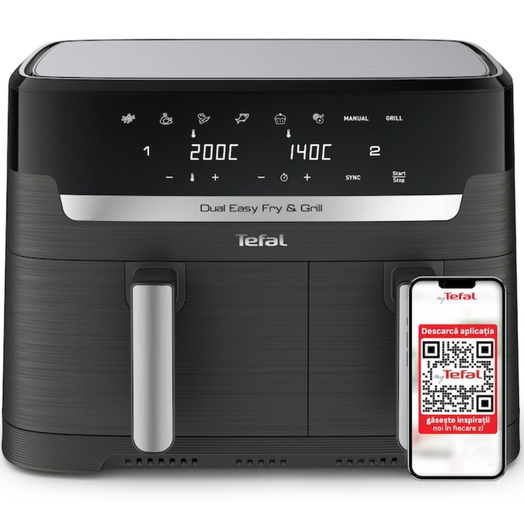 Фритюрник с горещ въздух Tefal Dual Easy Fry & Grill EY905B10, 2700 W, капацитет 8.3 л, 8 автоматични програми, Сваляеми незалепващи съдове, ExtraCrisp технология, LCD дисплей, Регулируема температура 40-200°C, Сив