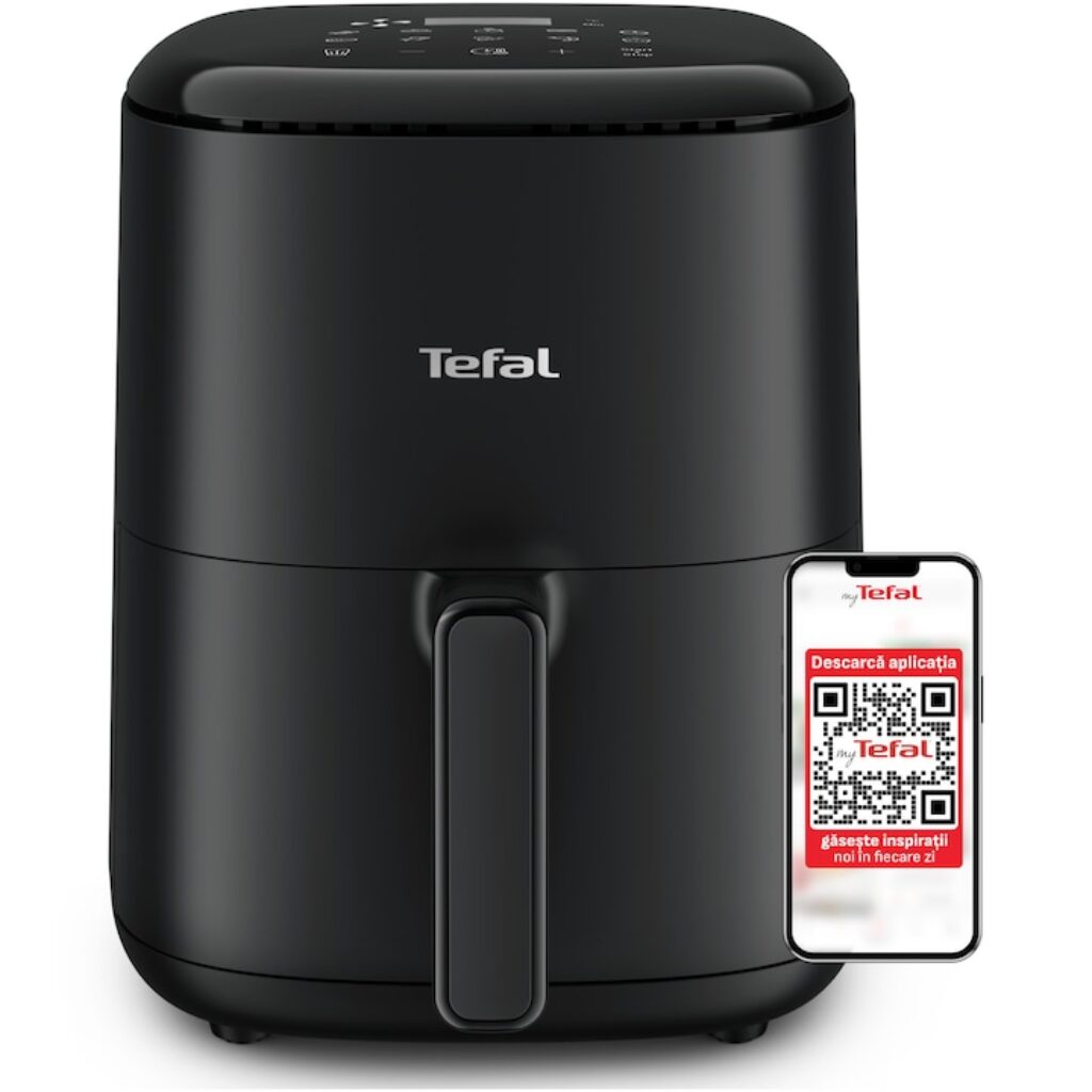 Фритюрник с горещ въздух Tefal Easy Fry Compact EY145810, 1300W, 10 програми, Капацитет 3 л, Сензорен екран, Подвижен съд с незалепващо покритие, Автоматично изключване, Черен