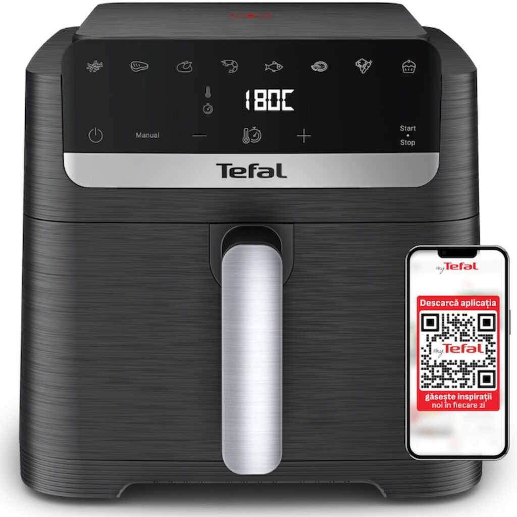Фритюрник с горещ въздух Tefal Easy Fry Mega Compact EY8618E0, 2020 W, Капацитет 7.5 л, Регулируема температура, 8 програми, Дигитален дисплей, Автоматично изключване, Черен