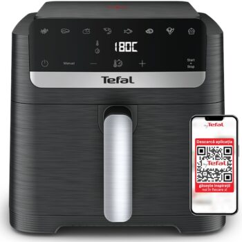 Фритюрник с горещ въздух Tefal Easy Fry Mega Compact EY8618E0, 2020 W, Капацитет 7.5 л, Регулируема температура, 8 програми, Дигитален дисплей, Автоматично изключване, Черен