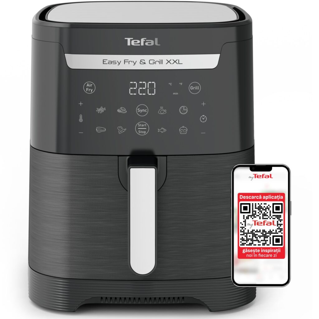 Фритюрник с горещ въздух Tefal EasyFry & Grill XXL EY801815, 1830W, капацитет 6.5L, функция грил, 8 програми, 2 зони за готвене, технология Extra Crisp, функция Sync, незалепващо покритие, черен